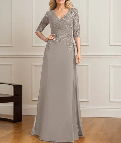 A-line V-Neck Floor-Length Lace Chiffon Mother of the Bride Dress With Pleated Sequins