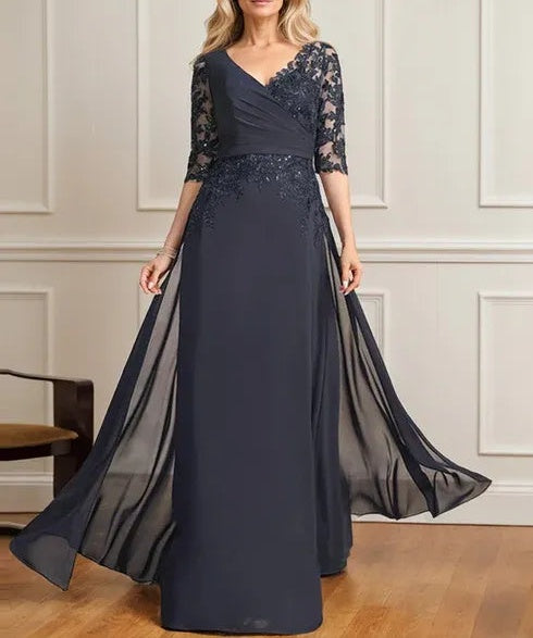 A-line V-Neck Floor-Length Lace Chiffon Mother of the Bride Dress With Pleated Sequins