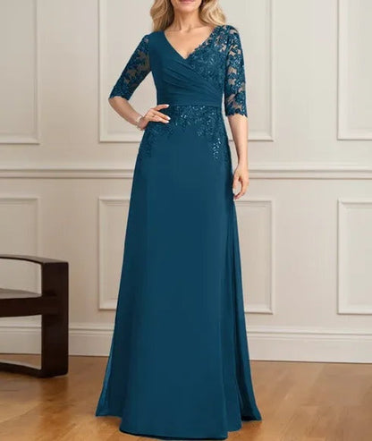 A-line V-Neck Floor-Length Lace Chiffon Mother of the Bride Dress With Pleated Sequins