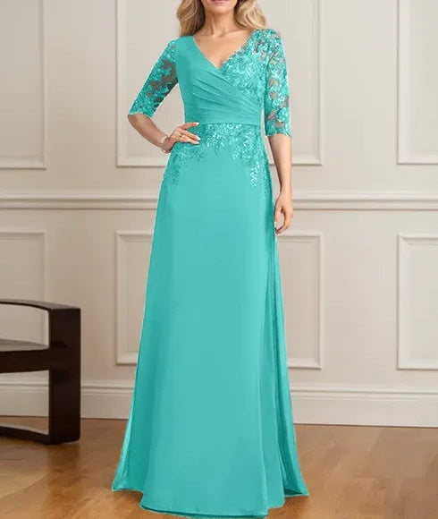 A-line V-Neck Floor-Length Lace Chiffon Mother of the Bride Dress With Pleated Sequins