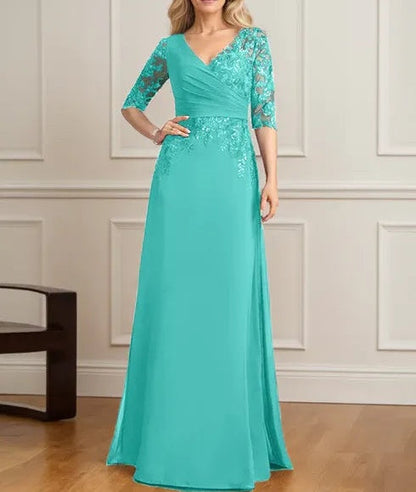 A-line V-Neck Floor-Length Lace Chiffon Mother of the Bride Dress With Pleated Sequins