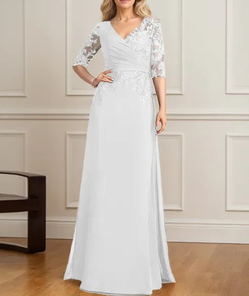 A-line V-Neck Floor-Length Lace Chiffon Mother of the Bride Dress With Pleated Sequins