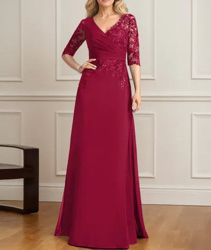 A-line V-Neck Floor-Length Lace Chiffon Mother of the Bride Dress With Pleated Sequins