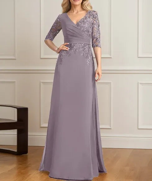 A-line V-Neck Floor-Length Lace Chiffon Mother of the Bride Dress With Pleated Sequins