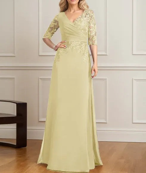 A-line V-Neck Floor-Length Lace Chiffon Mother of the Bride Dress With Pleated Sequins