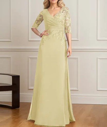 A-line V-Neck Floor-Length Lace Chiffon Mother of the Bride Dress With Pleated Sequins