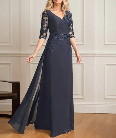 A-line V-Neck Floor-Length Lace Chiffon Mother of the Bride Dress With Pleated Sequins