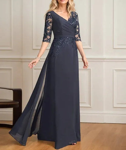 A-line V-Neck Floor-Length Lace Chiffon Mother of the Bride Dress With Pleated Sequins
