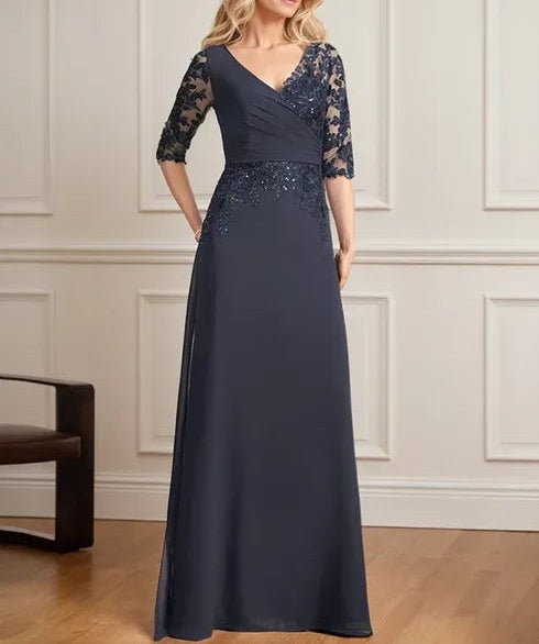 A-line V-Neck Floor-Length Lace Chiffon Mother of the Bride Dress With Pleated Sequins