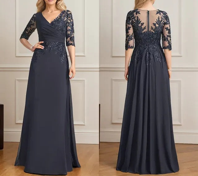 A-line V-Neck Floor-Length Lace Chiffon Mother of the Bride Dress With Pleated Sequins