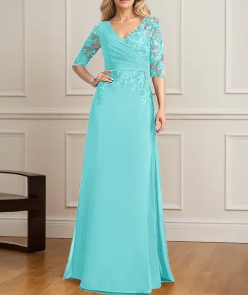 A-line V-Neck Floor-Length Lace Chiffon Mother of the Bride Dress With Pleated Sequins