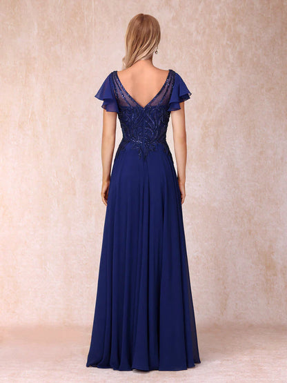 V-neck short sleeved long formal mother of the bride dress