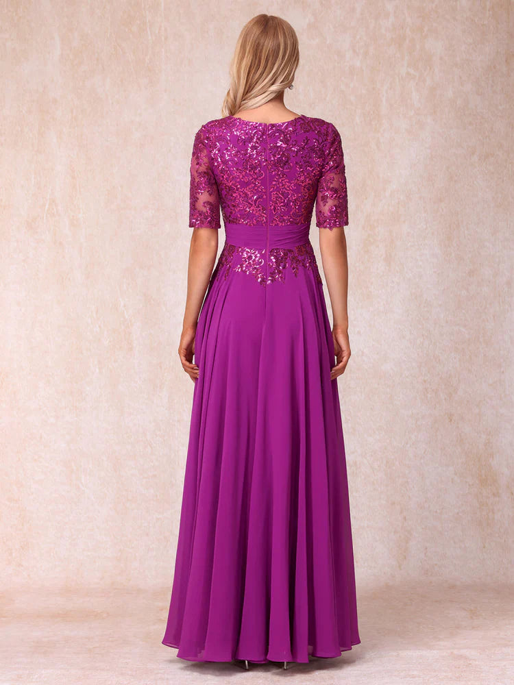 V-neck half sleeved shiny long style official mother of the bride dress