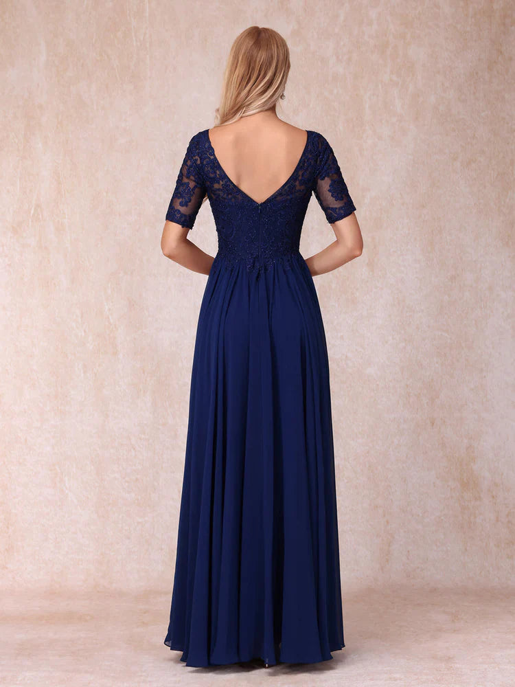 V-neck short sleeved long formal mother of the bride dress