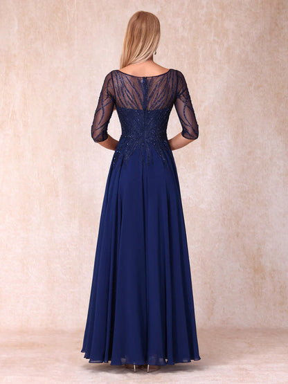 V-neck Half Sleeve Long Formal Bead Decoration Mother of the bride Dress