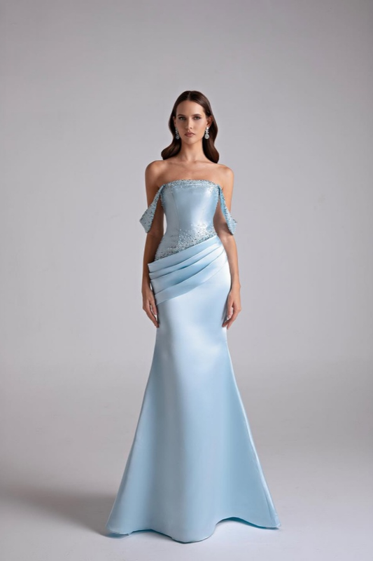 Satin Strapless Wide Shoulder Straps Sleeveless Long Mermaid Prom Dress With Pleated