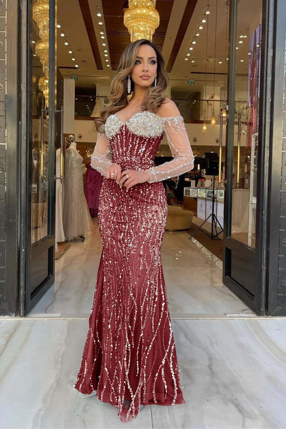 Heavy Prom Dress Sweetheart Long Sleeves Strapless Beading Long Tulle