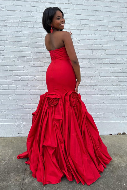 Mermaid Sweetheart Red Satin Long Prom Dress with Slit