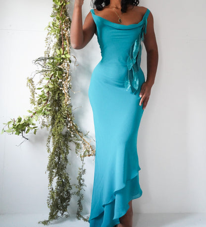 Teal Leaf Appliqué Cowl Neck Dress