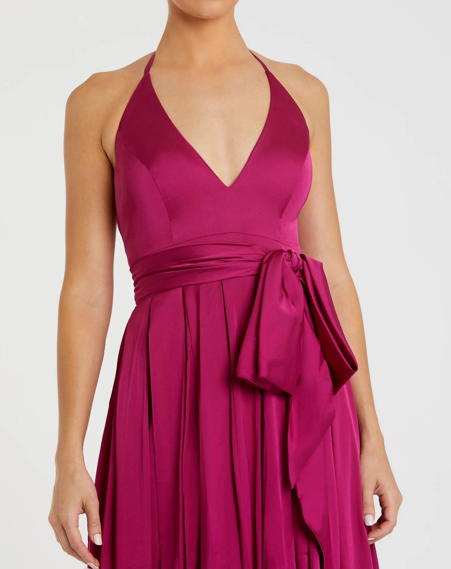 Magenta Halter Neck Backless Sleeveless A-Line Bow Side Slit Evening Dress