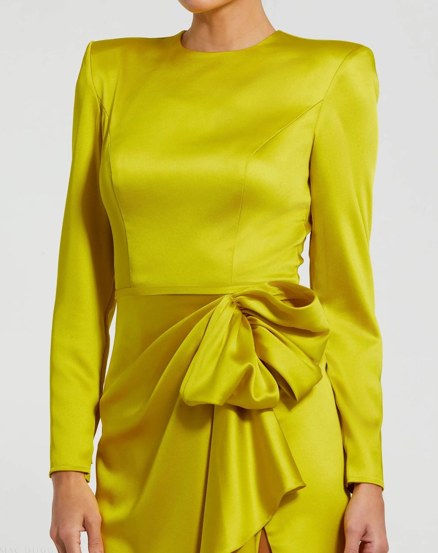 Long Sleeve Satin Structured Bow Draped Evening Dress