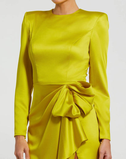 Long Sleeve Satin Structured Bow Draped Evening Dress