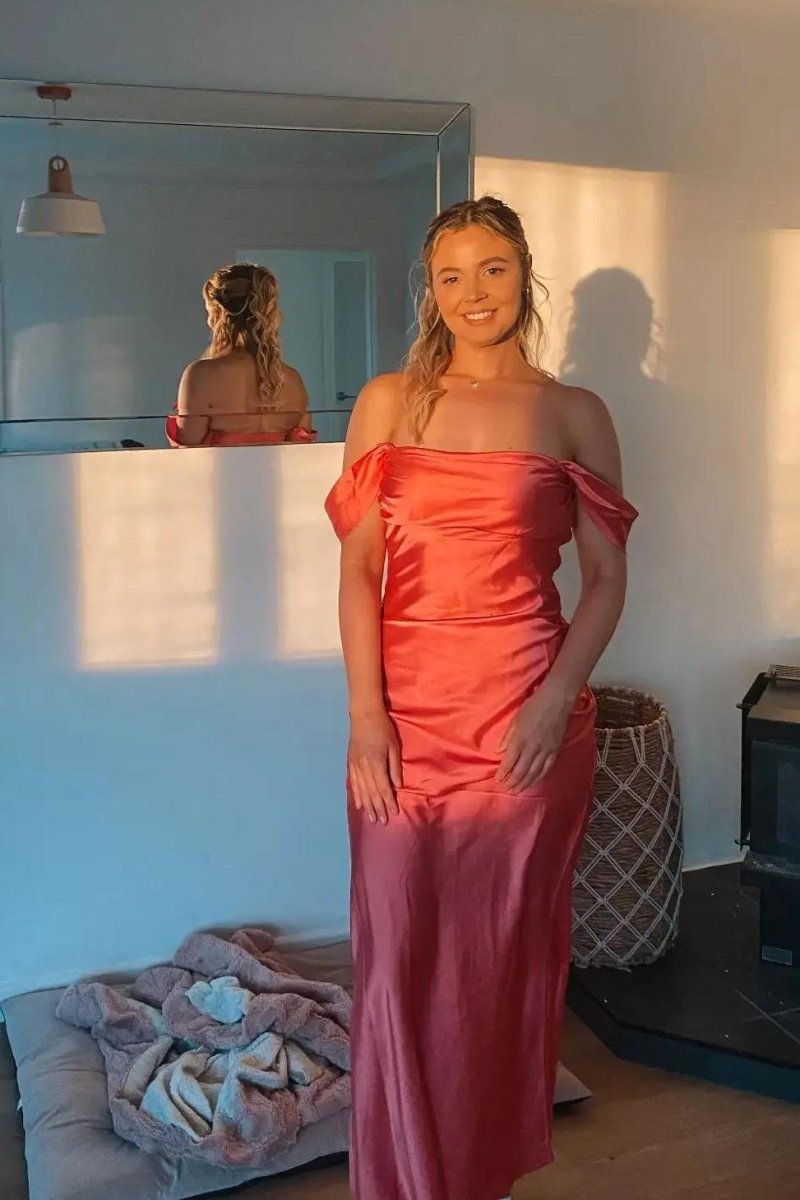 Off the Shoulder Coral Mermaid Satin Long Party Dress