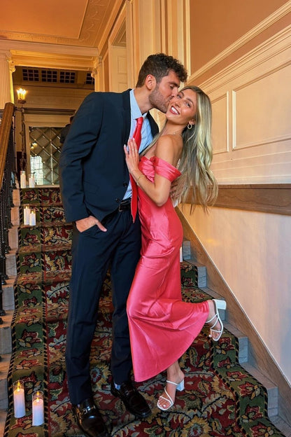 Off the Shoulder Coral Mermaid Satin Long Party Dress