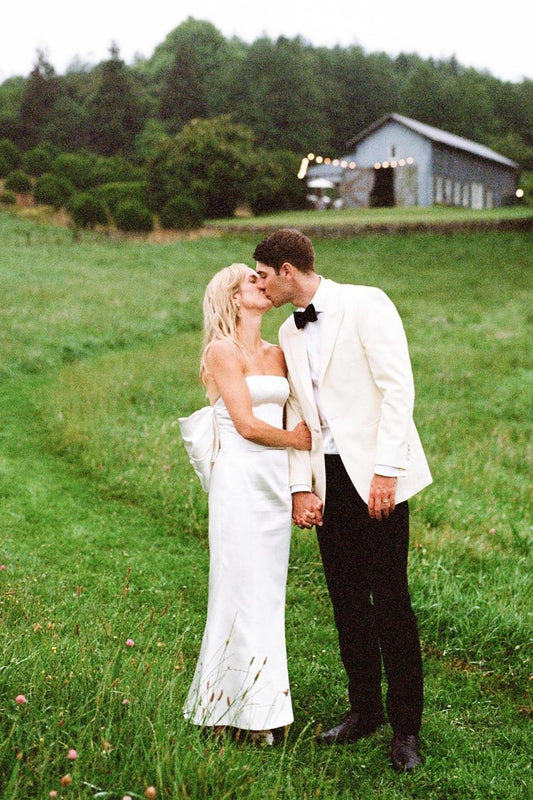 Cute Mermaid Strapless White Satin Floor Length Wedding Dress with Bowknot