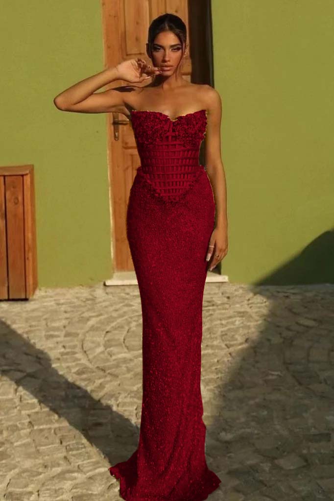 Sleeveless Strapless Long Mermaid Prom Dress With Sequin Pleated