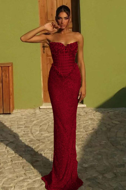 Sleeveless Strapless Long Mermaid Prom Dress With Sequin Pleated