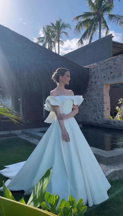 Gorgeous Long Off The Shoulder A Line Satin Wedding Dresses