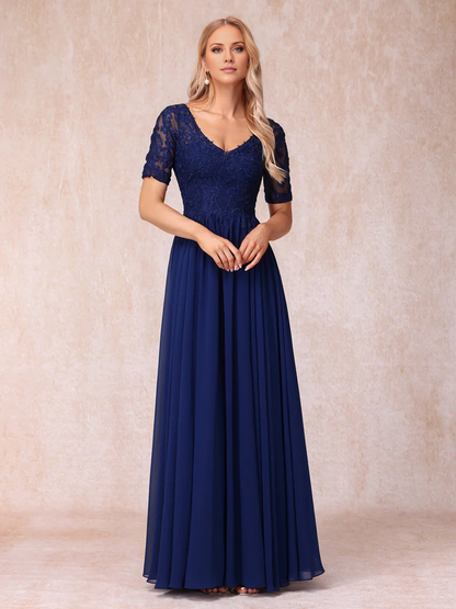 V-neck short sleeved long formal mother of the bride dress