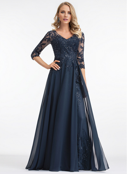 Jimiss A-line V-neck floor mopping lace chiffon with sequins mother of the bride dress