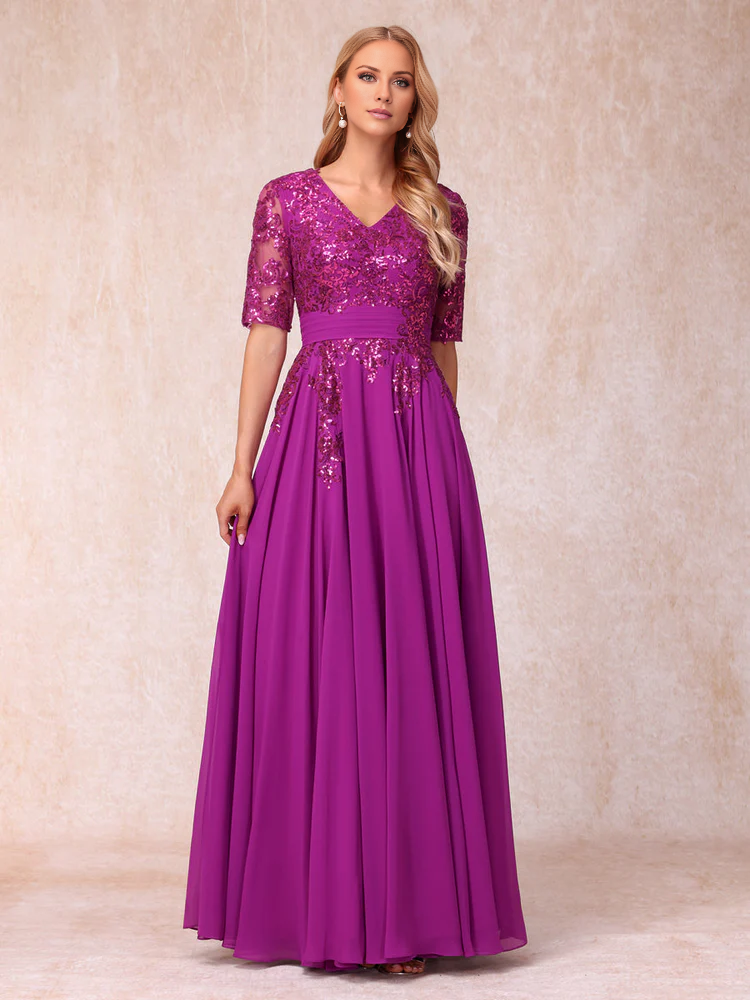 V-neck half sleeved shiny long style official mother of the bride dress