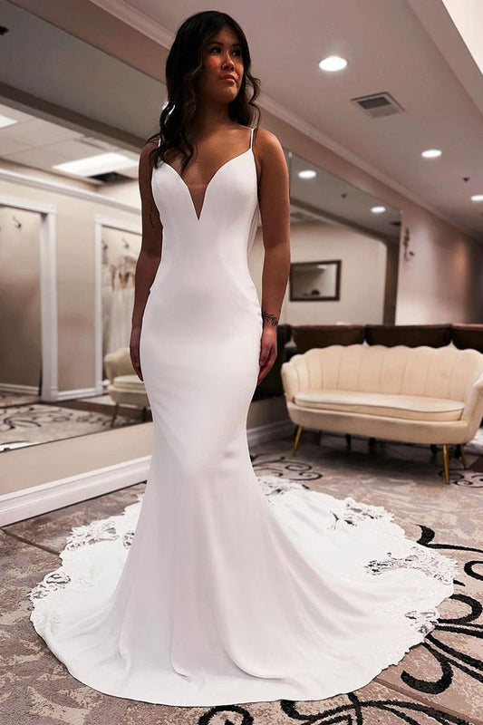 Unique Mermaid V Neck Satin Wedding Dress with Appliques