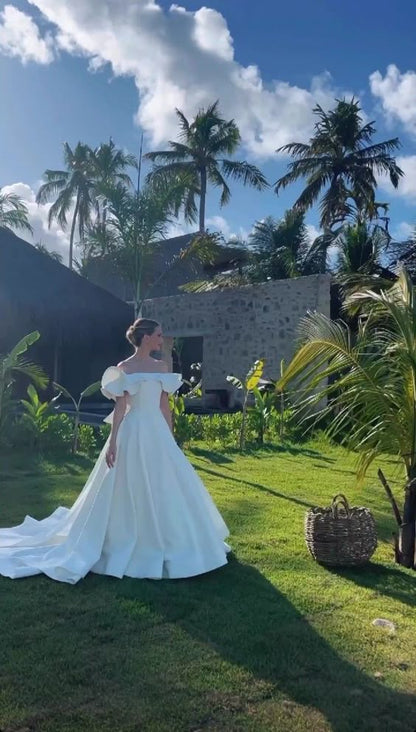 Gorgeous Long Off The Shoulder A Line Satin Wedding Dresses