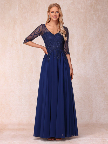 V-neck Half Sleeve Long Formal Bead Decoration Mother of the bride Dress