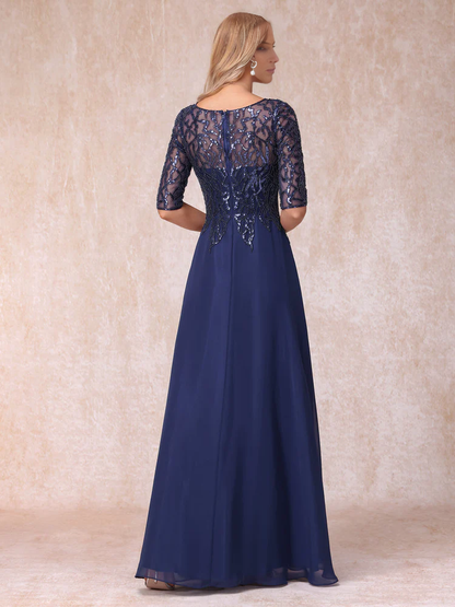 Transparent Collar Half Sleeve Long with Beads and sequins Mother of the bride dress