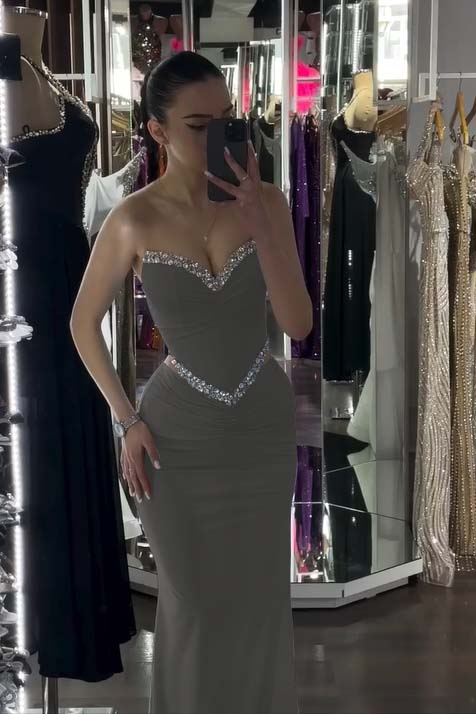 Spandex V-Neck Strapless Sleeveless Long Mermaid Prom Dress With Pleated And Rhinstone