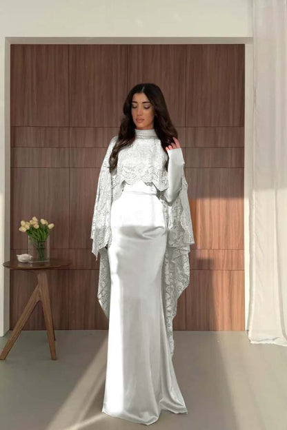 Satin And Lace High Neck Long Sleeves High-Waisted Long Mermaid Prom Dress With Cape