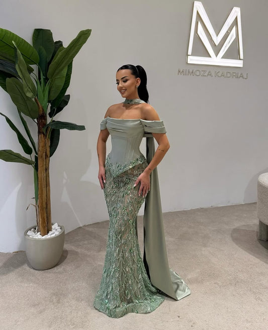 Satin And Tulle Off-The-Shoulder Strapless Sleeveless Long Pleated Mermaid Prom Dress With Beadings And Ruffles