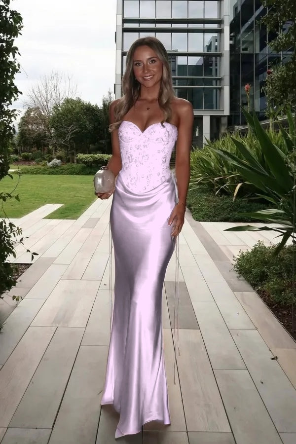 Satin V-Neck Strapless Sleeveless Long Mermaid Prom Dress With Ruffles And Sequins