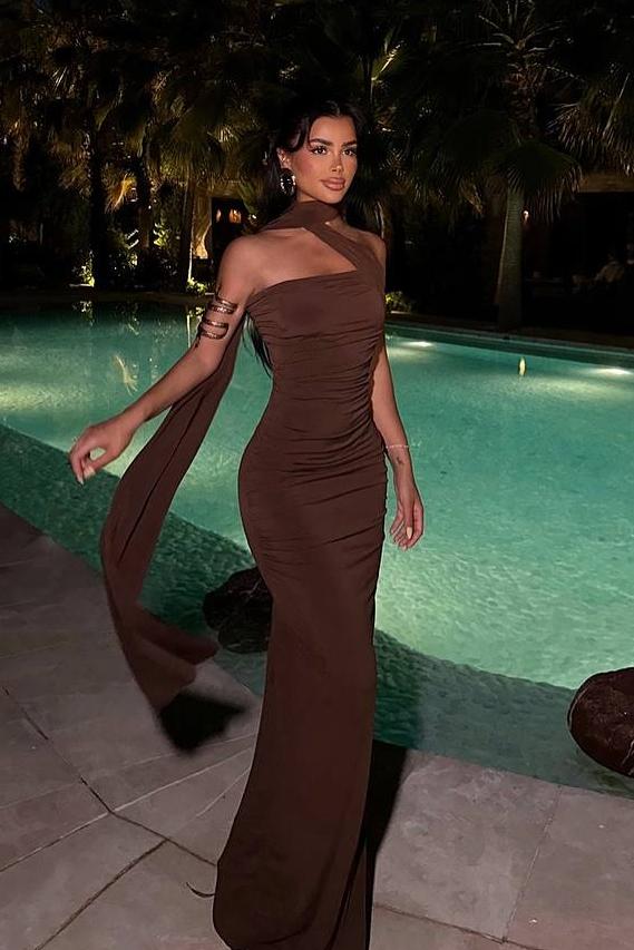 Dark Brown Strapless Sleeveless Long Mermaid Prom Dress With Pleated And Ruffle