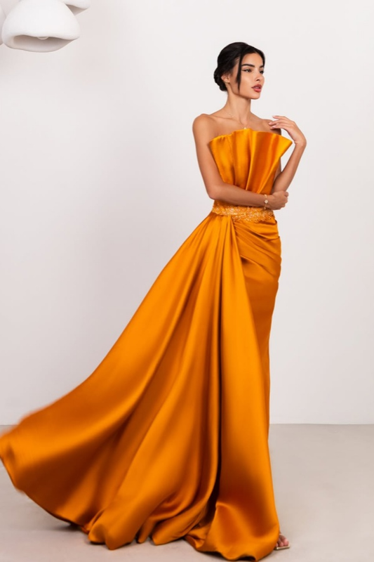 Satin Strapless Sleeveless Long Mermaid Prom Dress With Ruffles And Pleated