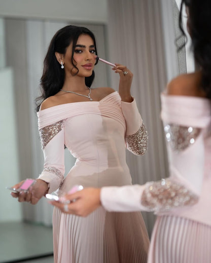 Pink Sequins Sparkle Long Sleeve A-Line Evening Dress Off the Shoulder