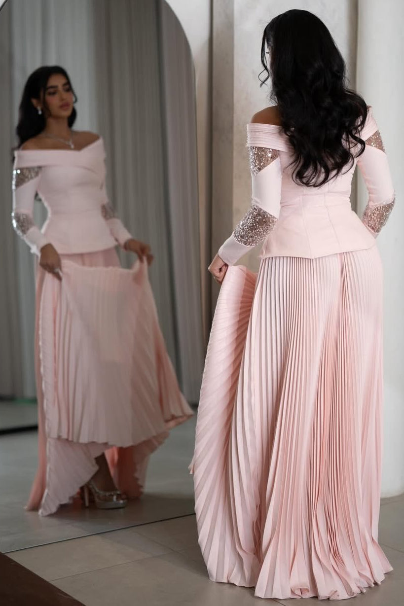 Pink Sequins Sparkle Long Sleeve A-Line Evening Dress Off the Shoulder