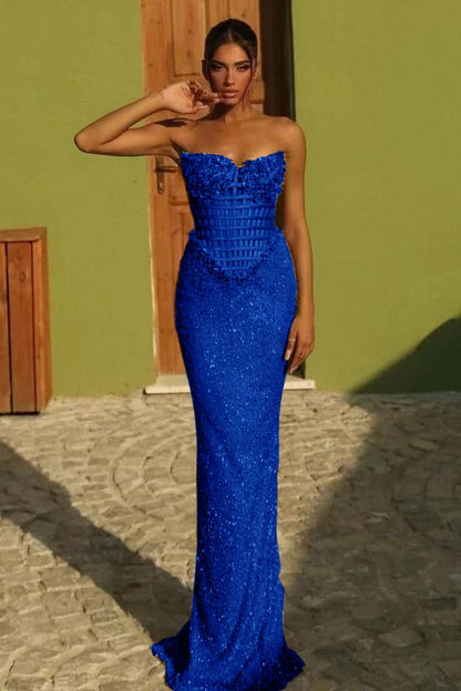 Sleeveless Strapless Long Mermaid Prom Dress With Sequin Pleated