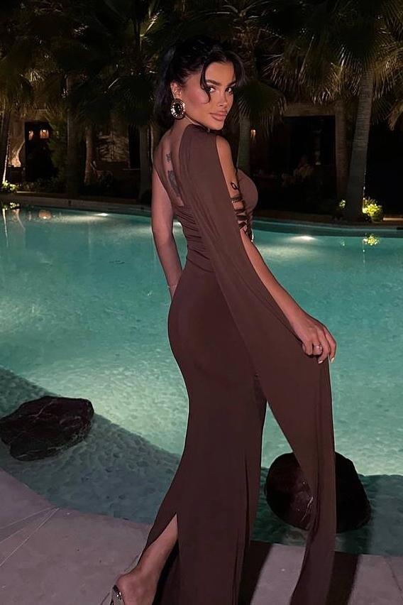 Dark Brown Strapless Sleeveless Long Mermaid Prom Dress With Pleated And Ruffle