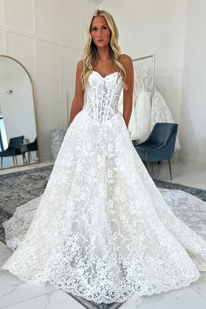 Bohemian A Line Sweetheart Lace Wedding Dress